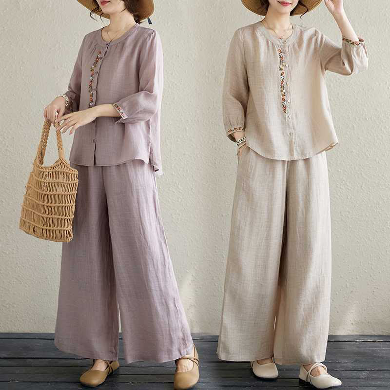 Ensemble 2 pièces en coton avec broderie de fleurs et Buddha Stones , haut et pantalon, vêtements de méditation Zen Tai Chi pour femmes - image 26