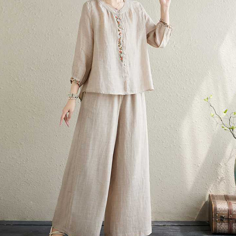 Ensemble 2 pièces en coton avec broderie de fleurs et Buddha Stones , haut et pantalon, vêtements de méditation Zen Tai Chi pour femmes - image 18