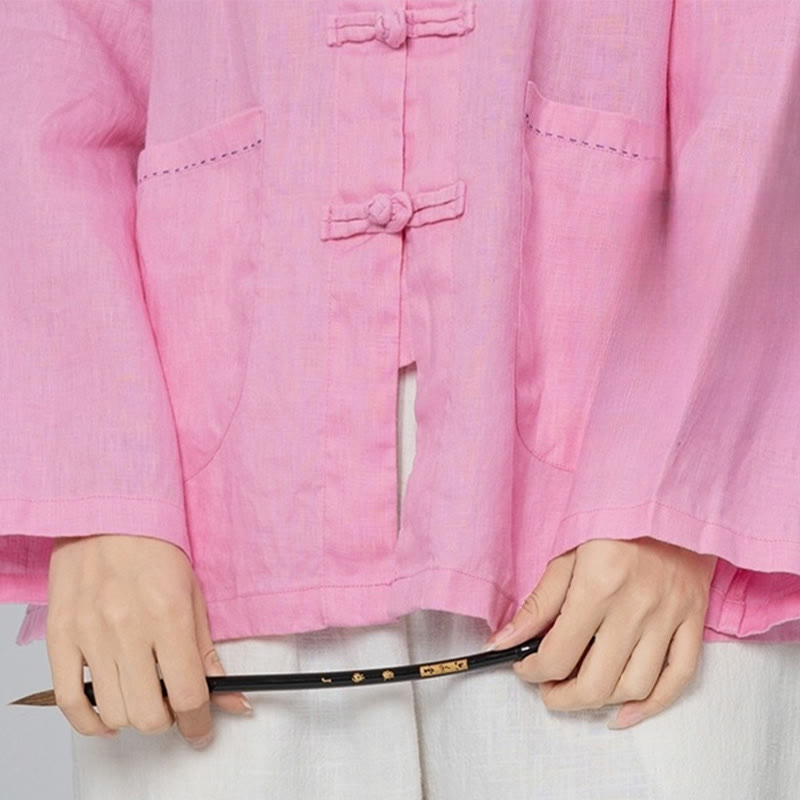 Chemises pour femmes en lin à manches longues et boutons de Buddha Stones de couleur unie avec poches - image 5