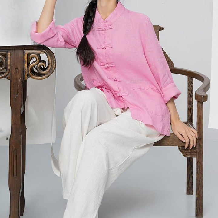 Chemises pour femmes en lin à manches longues et boutons de Buddha Stones de couleur unie avec poches - image 3