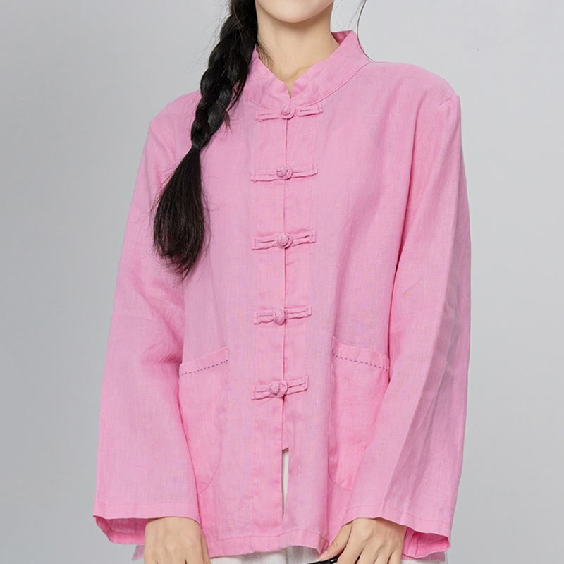 Chemises pour femmes en lin à manches longues et boutons de Buddha Stones de couleur unie avec poches - Rose clair - US4，UK/AU8，EU36 (L) - image 0