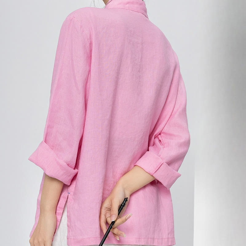 Chemises pour femmes en lin à manches longues et boutons de Buddha Stones de couleur unie avec poches - image 2