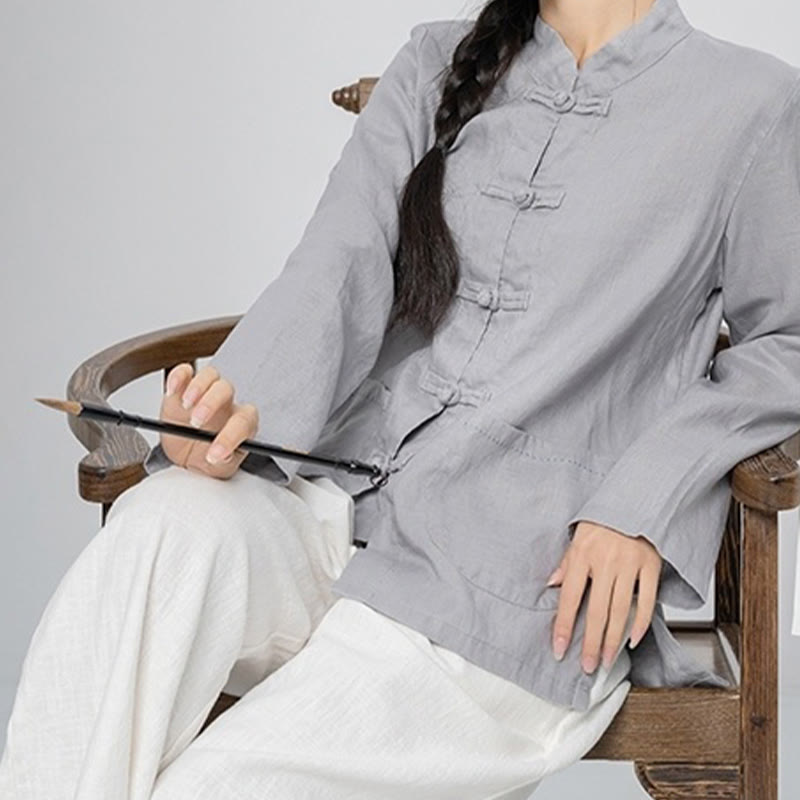 Chemises pour femmes en lin à manches longues et boutons de Buddha Stones de couleur unie avec poches - image 9