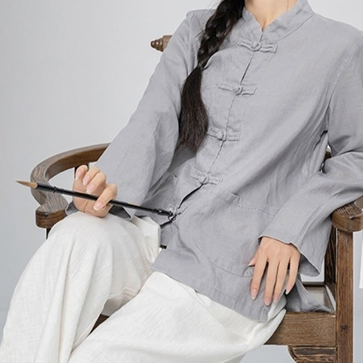 Chemises pour femmes en lin à manches longues et boutons de Buddha Stones de couleur unie avec poches - image 9