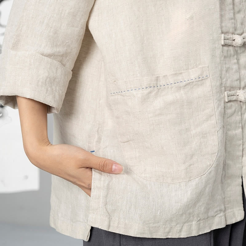 Chemises pour femmes en lin à manches longues et boutons de Buddha Stones de couleur unie avec poches - image 15