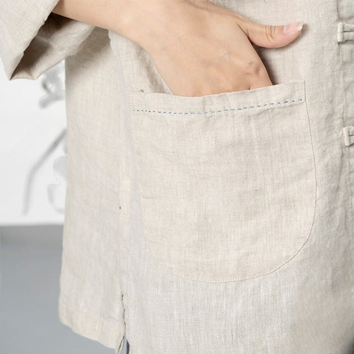 Chemises pour femmes en lin à manches longues et boutons de Buddha Stones de couleur unie avec poches - image 17