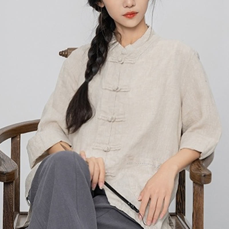 Chemises pour femmes en lin à manches longues et boutons de Buddha Stones de couleur unie avec poches - image 16