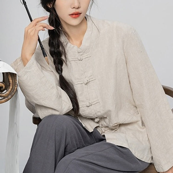 Chemises pour femmes en lin à manches longues et boutons de Buddha Stones de couleur unie avec poches - image 19