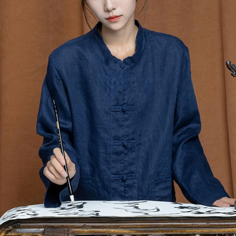 Chemises pour femmes en lin à manches longues et boutons de Buddha Stones de couleur unie avec poches - Bleu ardoise foncé - US4，UK/AU8，EU36 (L) - image 28