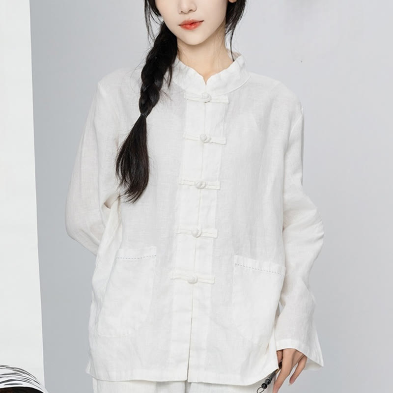 Chemises pour femmes en lin à manches longues et boutons de Buddha Stones de couleur unie avec poches - Blanc - US4，UK/AU8，EU36 (L) - image 20