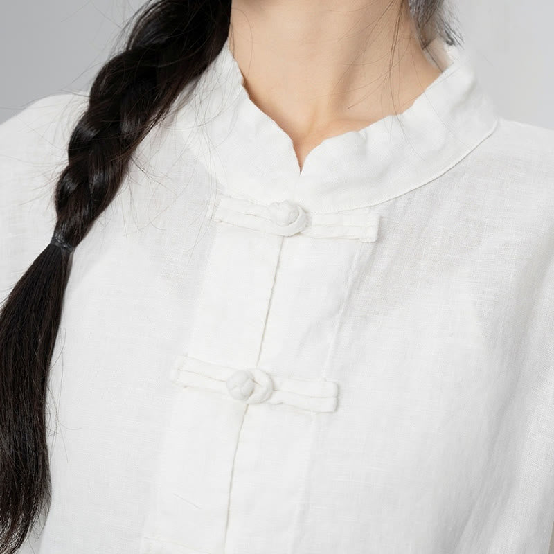 Chemises pour femmes en lin à manches longues et boutons de Buddha Stones de couleur unie avec poches - image 24