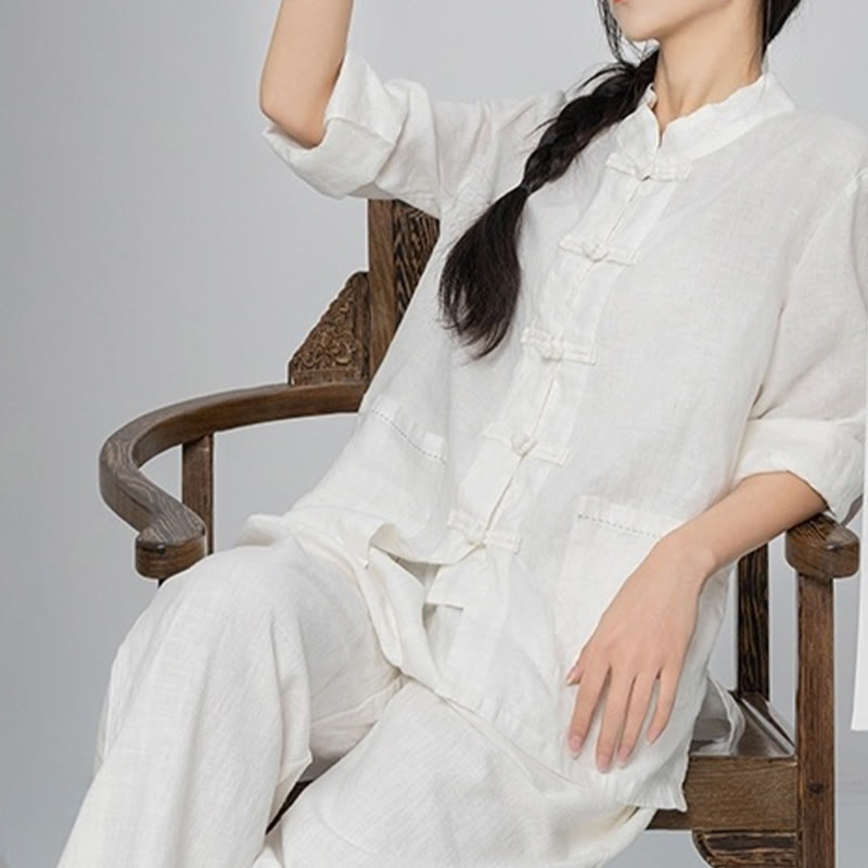 Chemises pour femmes en lin à manches longues et boutons de Buddha Stones de couleur unie avec poches - image 21