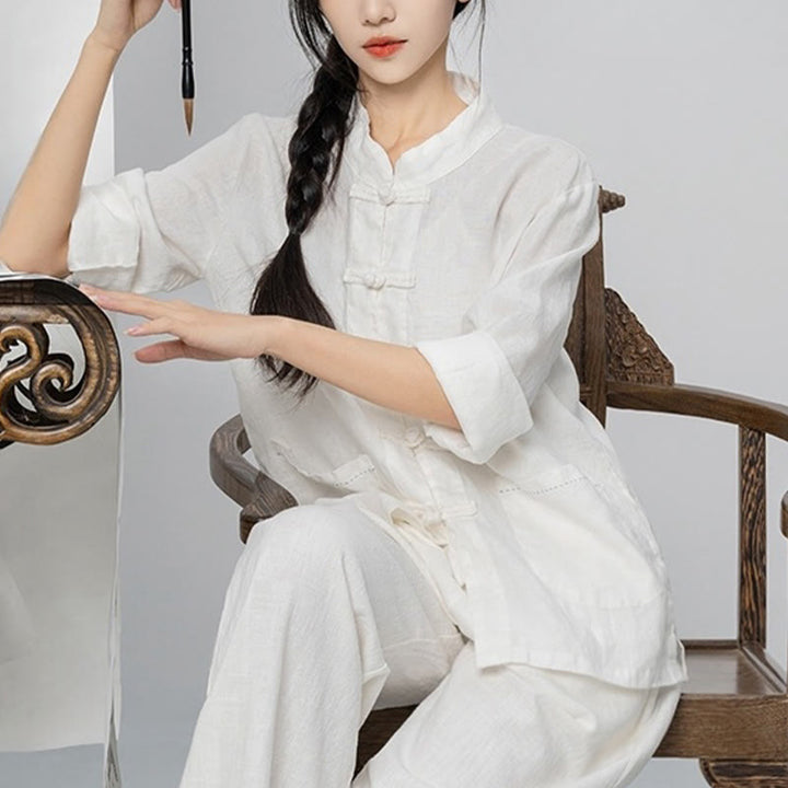 Chemises pour femmes en lin à manches longues et boutons de Buddha Stones de couleur unie avec poches - image 26