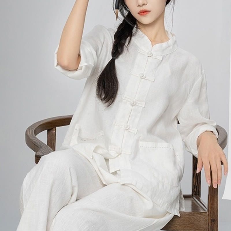 Chemises pour femmes en lin à manches longues et boutons de Buddha Stones de couleur unie avec poches - image 25