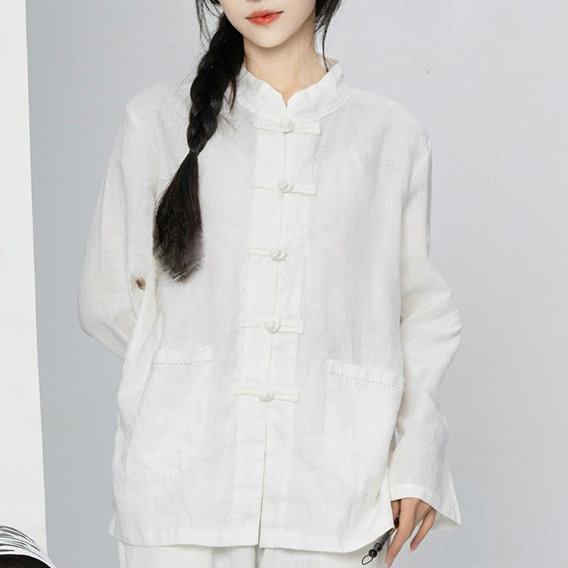 Chemises pour femmes en lin à manches longues et boutons de Buddha Stones de couleur unie avec poches - image 23