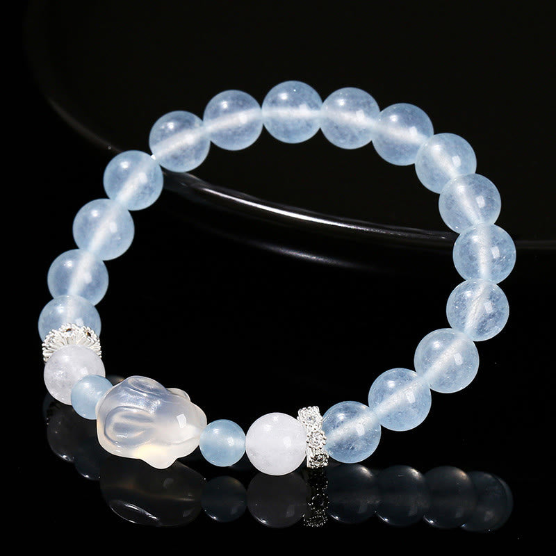 Bracelet d'équilibre émotionnel en Buddha Stones, calcédoine bleue, agate blanche et lapin