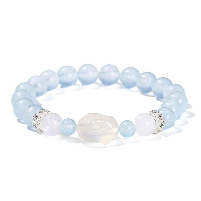 Bracelet d'équilibre émotionnel en Buddha Stones, calcédoine bleue, agate blanche et lapin