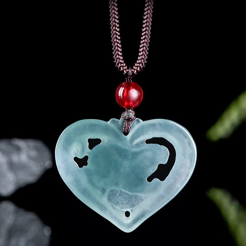 Collier pendentif porte-bonheur en forme de lapin avec cœur en jade naturel et Buddha Stones