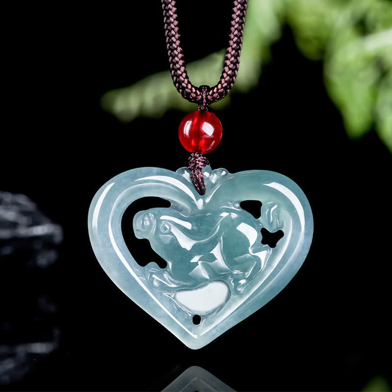 Collier pendentif porte-bonheur en forme de lapin avec cœur en jade naturel et Buddha Stones