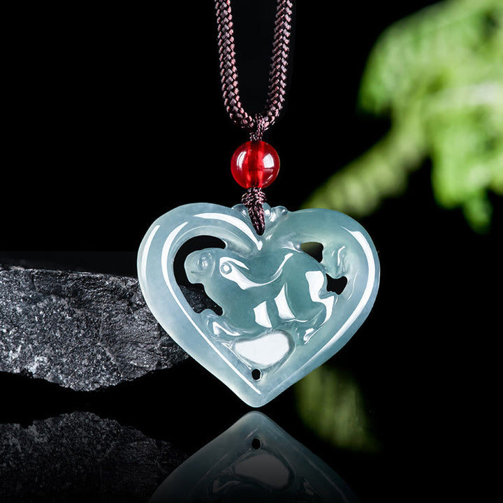 Collier pendentif porte-bonheur en forme de lapin avec cœur en jade naturel et Buddha Stones