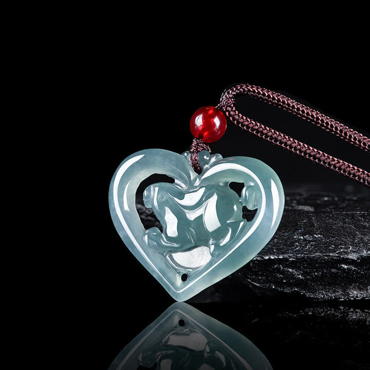 Collier pendentif porte-bonheur en forme de lapin avec cœur en jade naturel et Buddha Stones