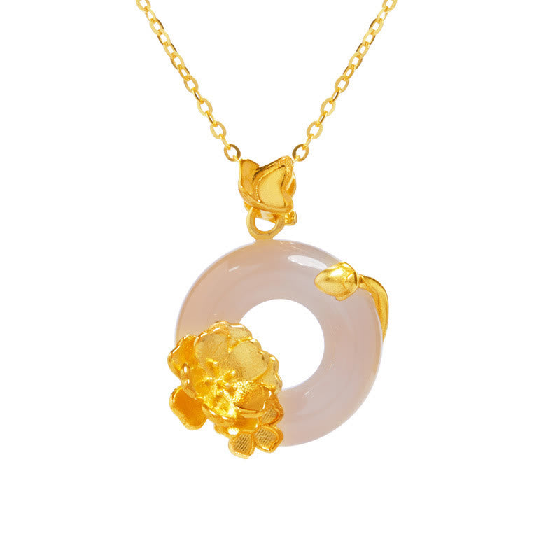 Collier avec pendentif positif en forme de papillon et fleur de pêcher en argent sterling 925 avec boucle de paix en calcédoine blanche et pierres de Buddha Stones