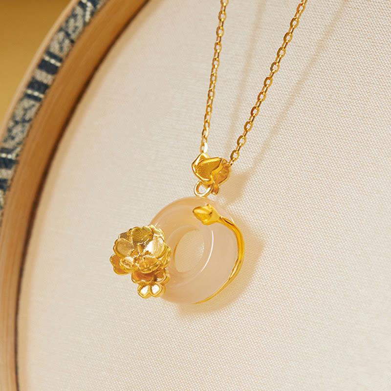 Collier avec pendentif positif en forme de papillon et fleur de pêcher en argent sterling 925 avec boucle de paix en calcédoine blanche et pierres de Buddha Stones - image 1