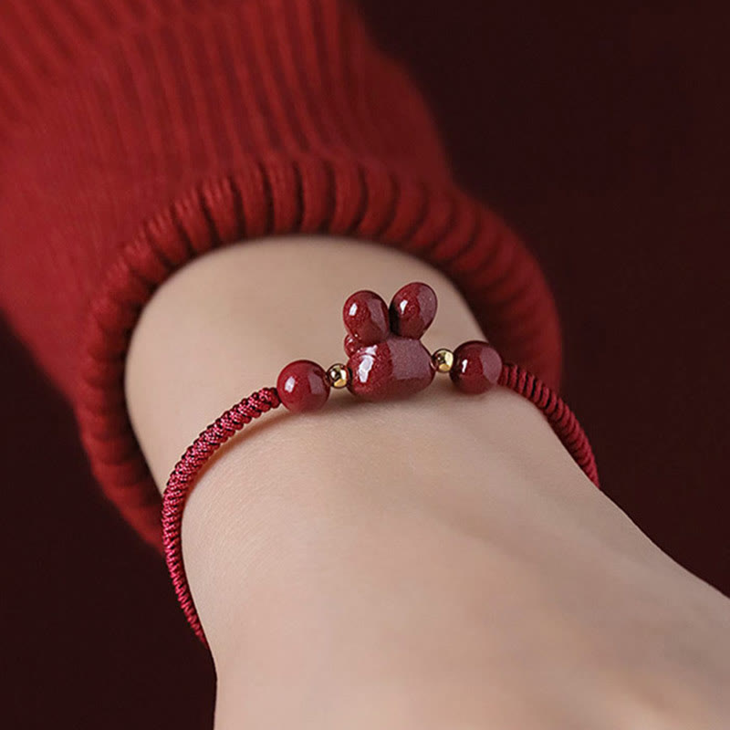Bracelet en corde rouge fait main en Buddha Stones avec signe du zodiaque chinois et lapin porte-bonheur