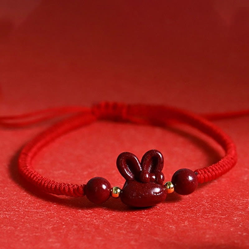 Bracelet en corde rouge fait main en Buddha Stones avec signe du zodiaque chinois et lapin porte-bonheur