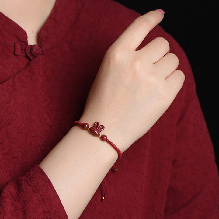 Bracelet en corde rouge fait main en Buddha Stones avec signe du zodiaque chinois et lapin porte-bonheur