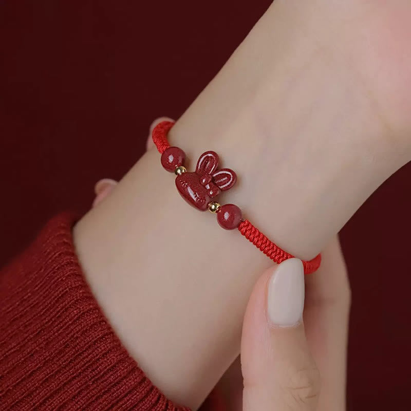 Bracelet en corde rouge fait main en Buddha Stones avec signe du zodiaque chinois et lapin porte-bonheur