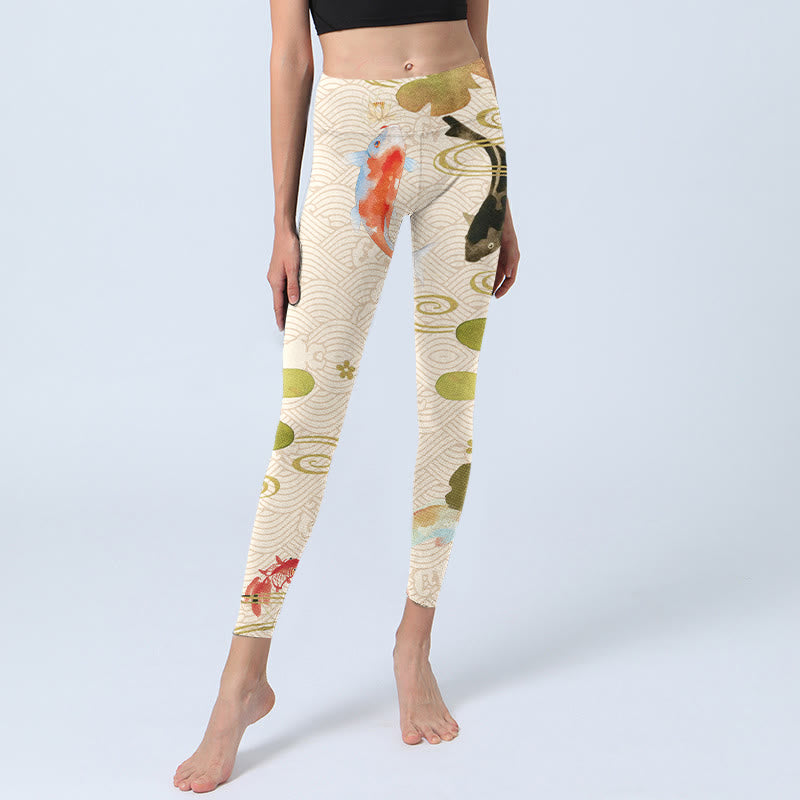 Leggings de sport à imprimé feuilles de lotus et poissons Koi Buddha Stones Pantalon de yoga pour femme - image 5
