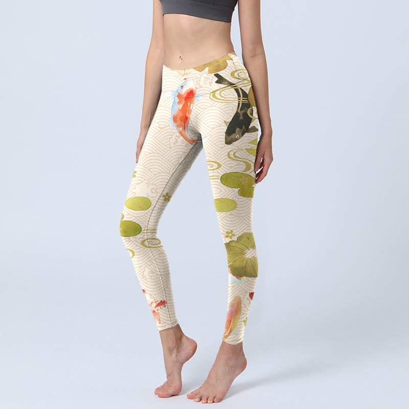 Leggings de sport à imprimé feuilles de lotus et poissons Koi Buddha Stones Pantalon de yoga pour femme - Ivoire - US18，UK/AU22，EU50 (4XL) - image 0