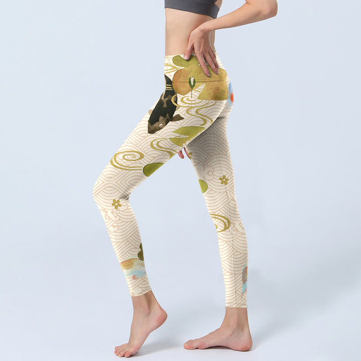 Leggings de sport à imprimé feuilles de lotus et poissons Koi Buddha Stones Pantalon de yoga pour femme - image 2