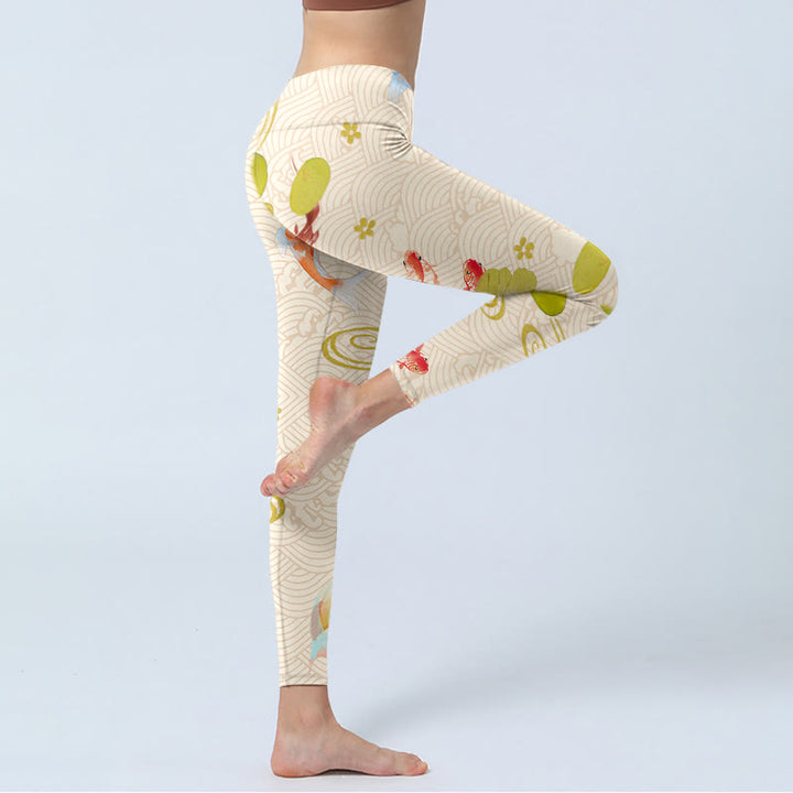 Leggings de sport à imprimé feuilles de lotus et poissons Koi Buddha Stones Pantalon de yoga pour femme - image 5