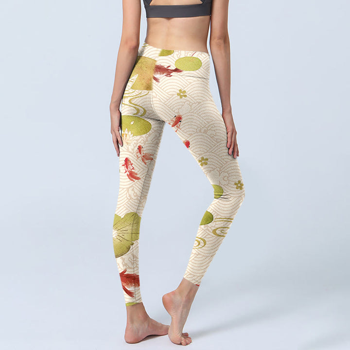 Leggings de sport à imprimé feuilles de lotus et poissons Koi Buddha Stones Pantalon de yoga pour femme - image 4