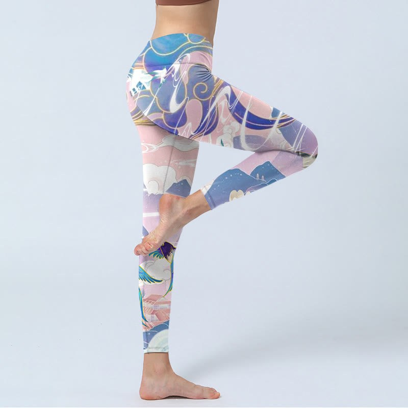 Leggings de sport imprimés Buddha Stones Swallow Magpie Flower Mountain Nuages ​​de bon augure Pantalons de yoga pour femmes - image 4