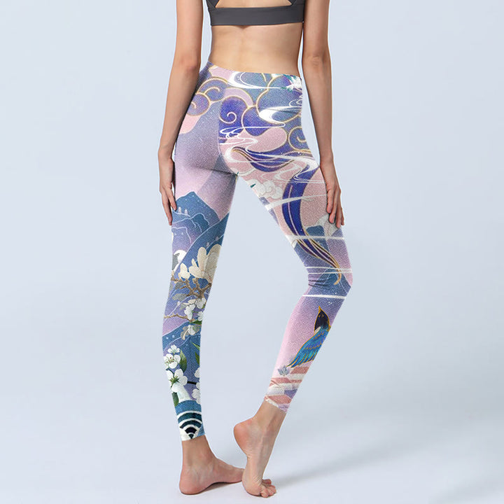 Leggings de sport imprimés Buddha Stones Swallow Magpie Flower Mountain Nuages ​​de bon augure Pantalons de yoga pour femmes - image 4