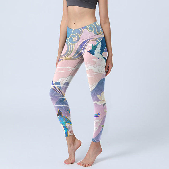 Leggings de sport imprimés Buddha Stones Swallow Magpie Flower Mountain Nuages ​​de bon augure Pantalons de yoga pour femmes - Prune - US18，UK/AU22，EU50 (4XL) - image 0