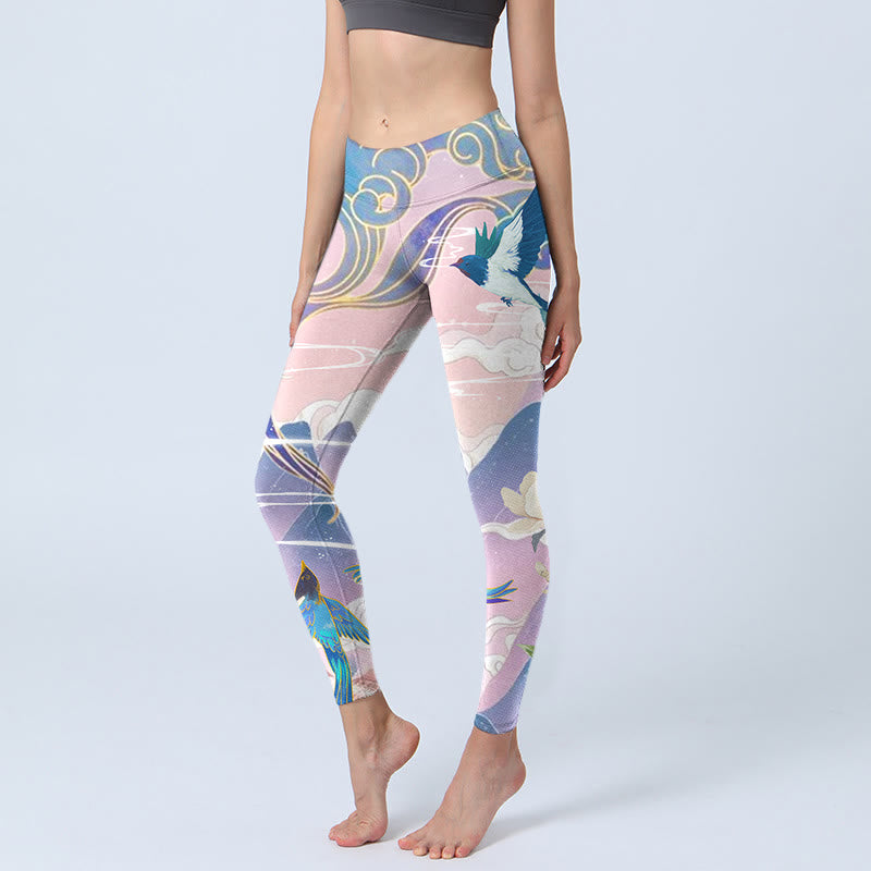 Leggings de sport imprimés Buddha Stones Swallow Magpie Flower Mountain Nuages ​​de bon augure Pantalons de yoga pour femmes - Prune - US18，UK/AU22，EU50 (4XL) - image 1