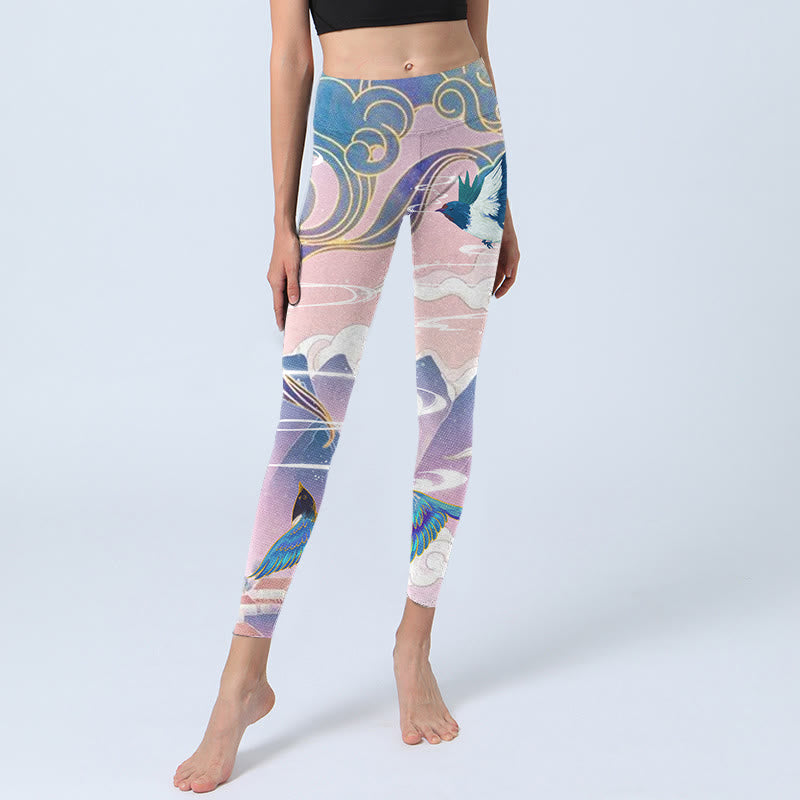 Leggings de sport imprimés Buddha Stones Swallow Magpie Flower Mountain Nuages ​​de bon augure Pantalons de yoga pour femmes - image 5