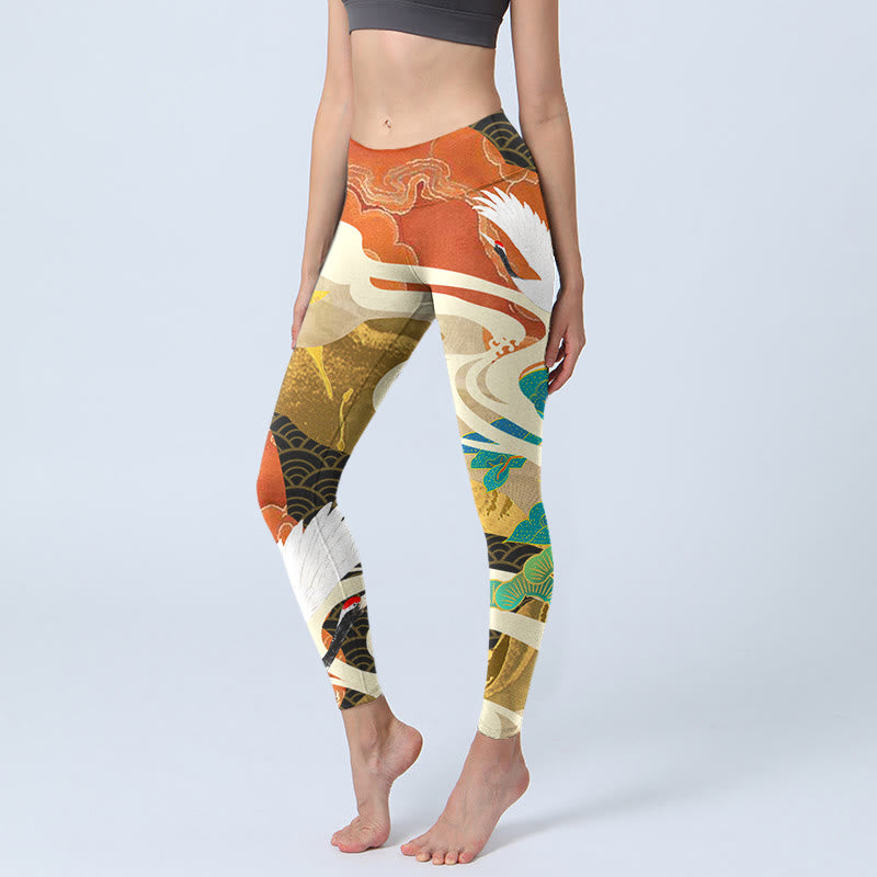 Leggings de sport à imprimé Buddha Stones, grue à couronne rouge, nuages ​​de bon augure, pin, pantalons de yoga pour femmes - Rouge indien - US18，UK/AU22，EU50 (4XL) - image 1