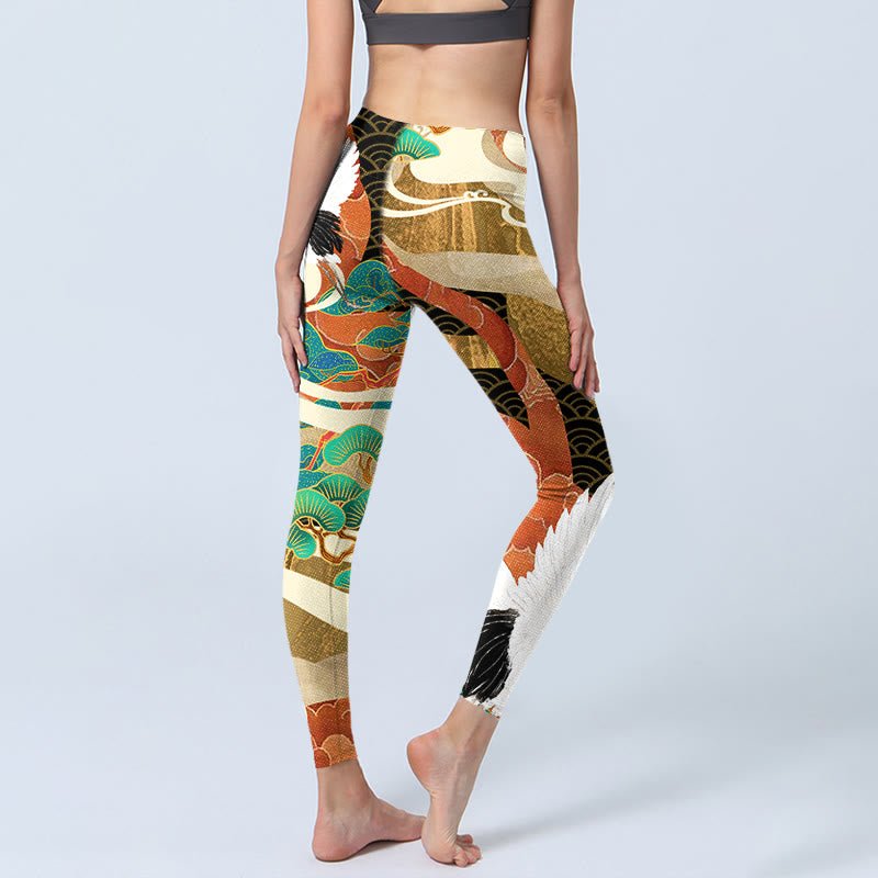 Leggings de sport à imprimé Buddha Stones, grue à couronne rouge, nuages ​​de bon augure, pin, pantalons de yoga pour femmes - image 4