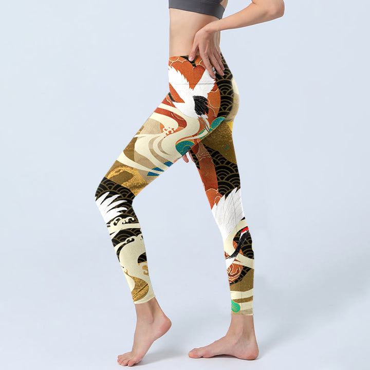 Leggings de sport à imprimé Buddha Stones, grue à couronne rouge, nuages ​​de bon augure, pin, pantalons de yoga pour femmes - image 3