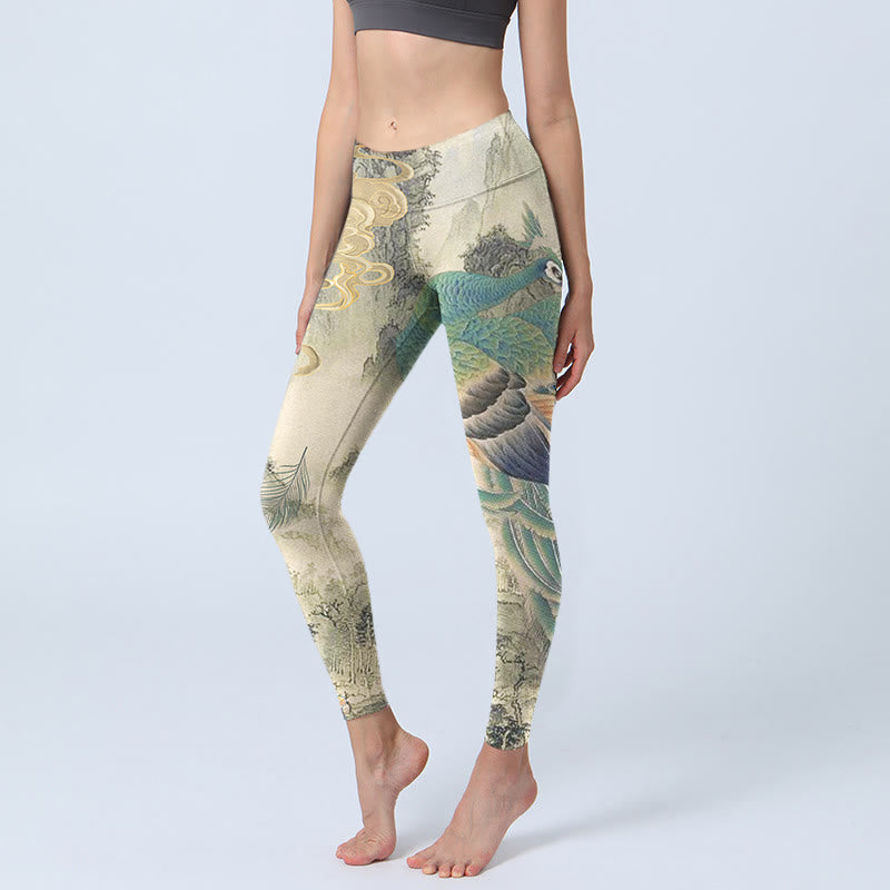 Leggings de sport à imprimé Buddha Stones Peacock Nuages ​​de bon augure Fleurs de montagne Pantalon de yoga pour femme - Gris clair - US18，UK/AU22，EU50 (4XL) - image 1