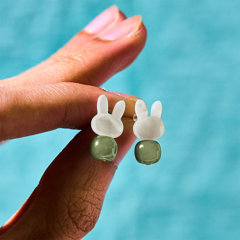 Boucles d'oreilles porte-bonheur en jade Hetian avec lapin mignon et pierre de Tridacna Buddha Stones