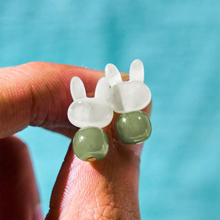 Boucles d'oreilles porte-bonheur en jade Hetian avec lapin mignon et pierre de Tridacna Buddha Stones