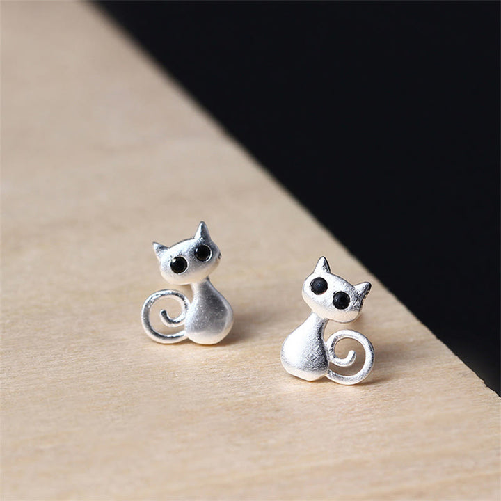 Boucles d'oreilles à tige en argent sterling 925 avec Buddha Stones et chaton mignons - Argent sterling 925 - image 0