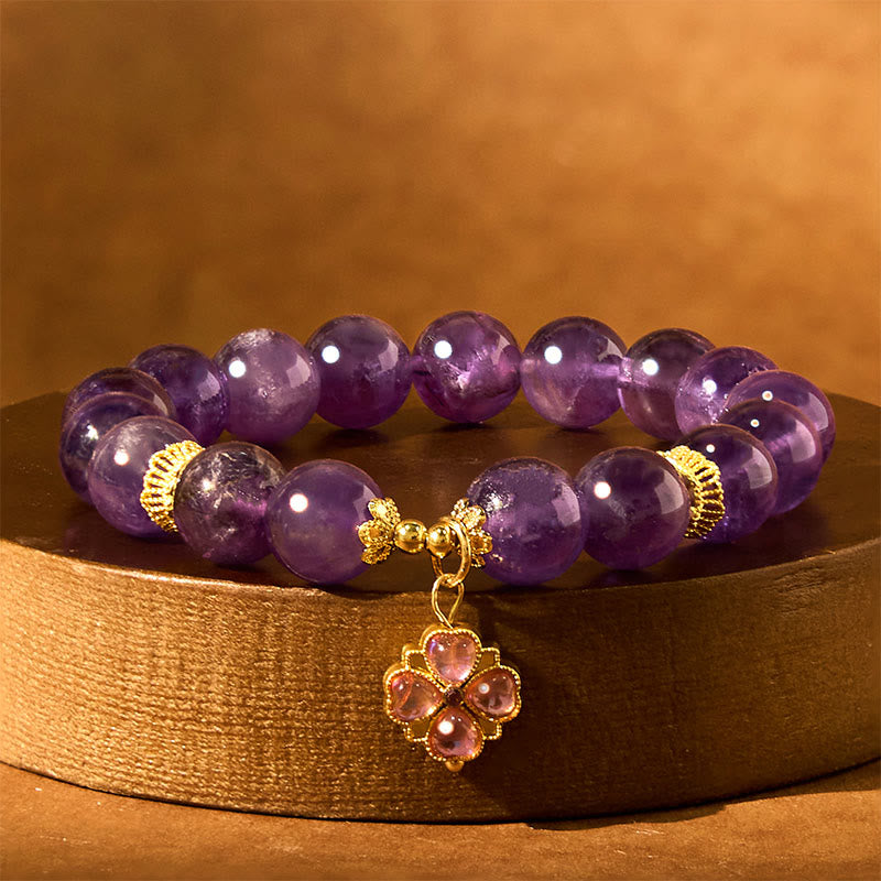 Bracelet de communication avec breloque en améthyste naturelle et trèfle à quatre feuilles de Buddha Stones