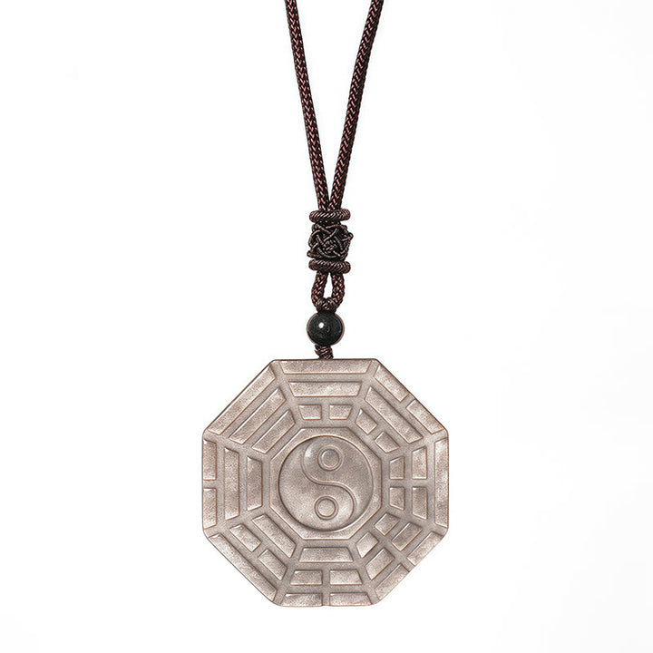 Buddha Stones Collier avec pendentif en obsidienne argentée brillante Bagua Yin Yang Symbole de protection - image 9